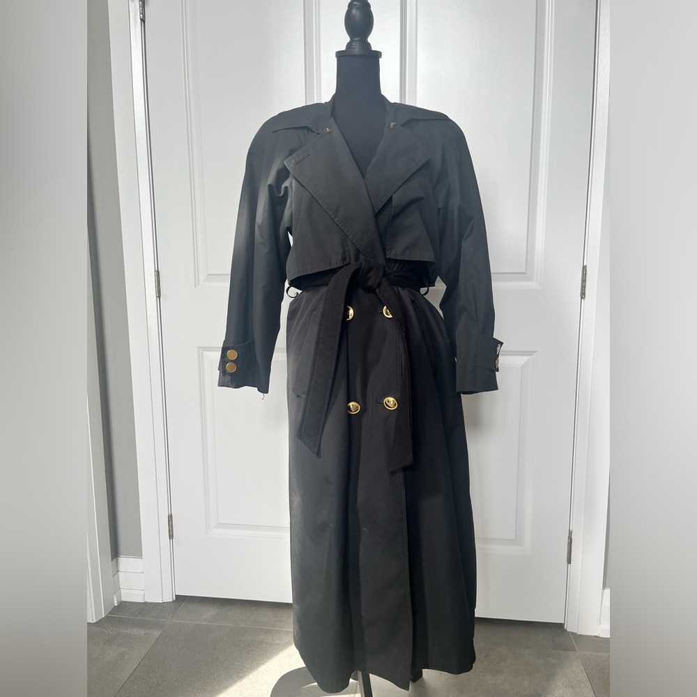Vintage Black long trench coat with gold buttons size large